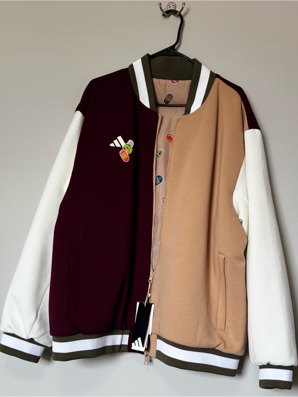 Men’s Adidas Colorblock Bomber Jacket - Maroon, Tan & White